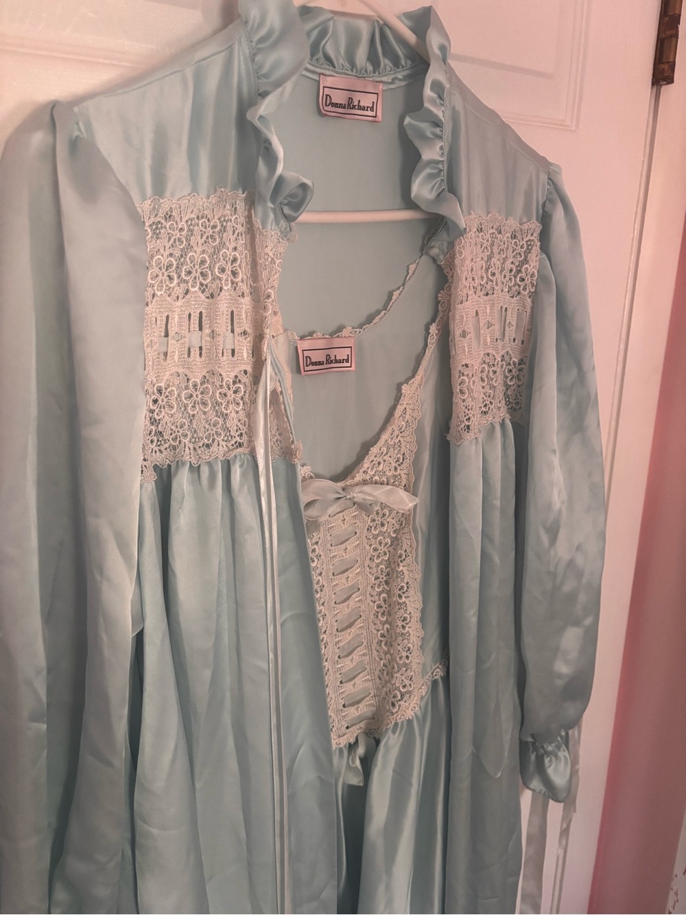 Light Blue Satin Lace Trim Robe & Nightgown Set